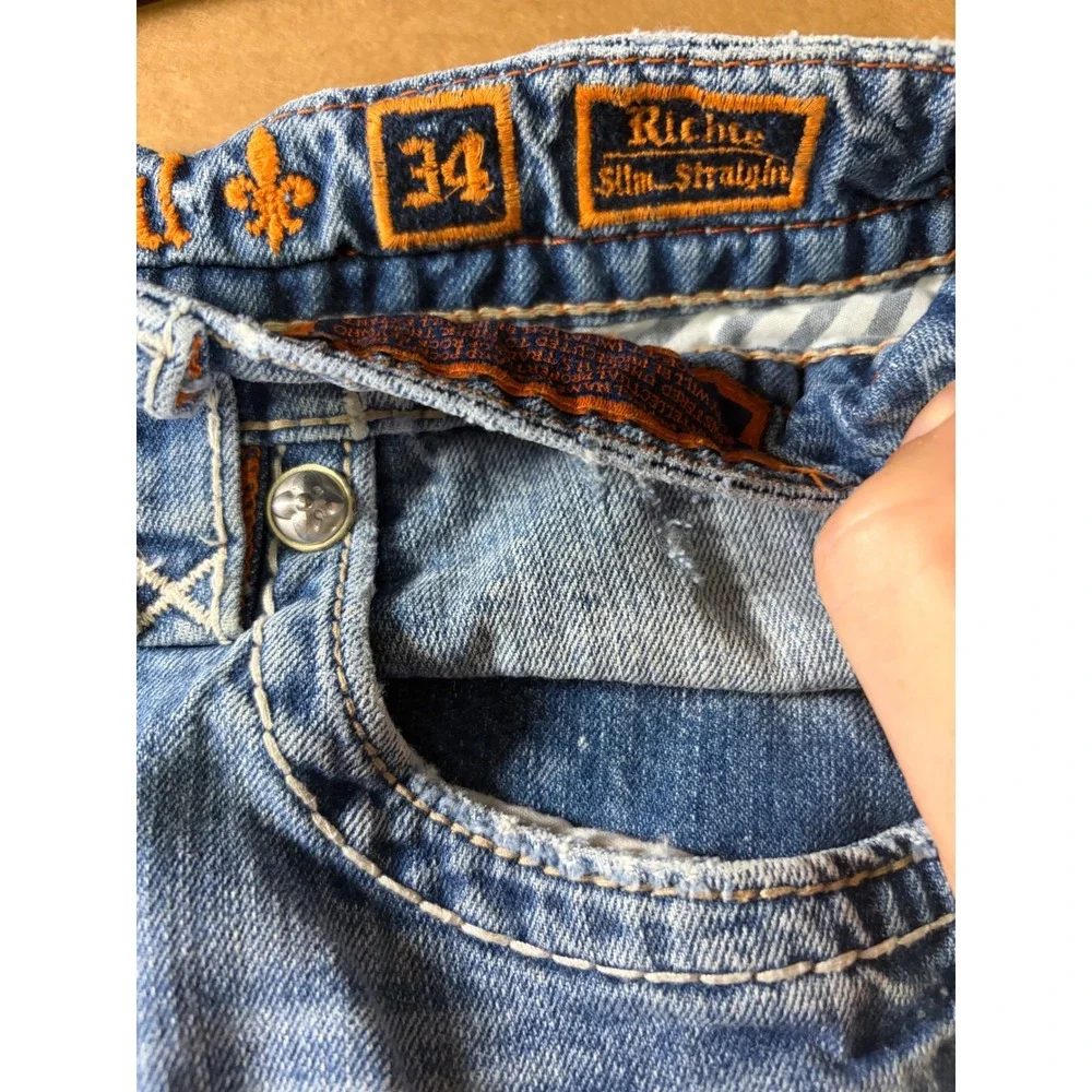 Rock Revival Richie Slim Straight Jeans Mens 34 Blue Distressed‎ Thick Stitch
